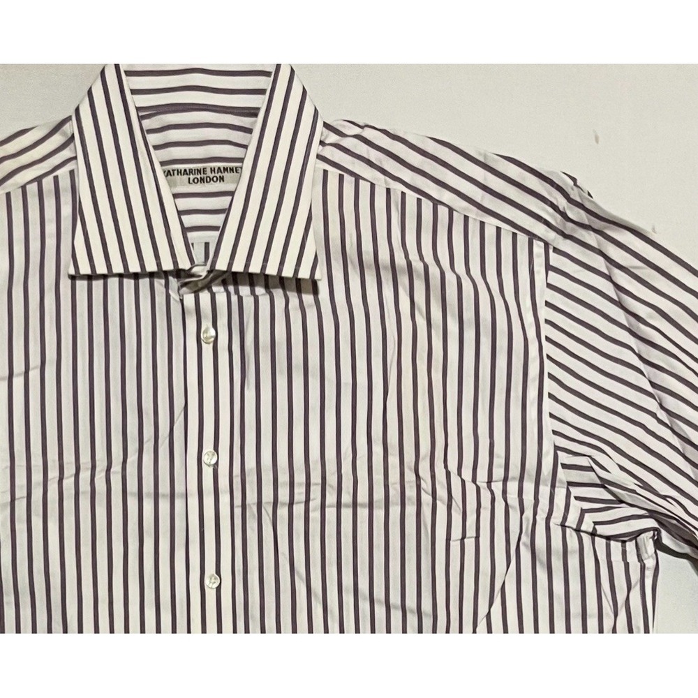 Katharine Hamnett London Men Purple White Stripes Shirt Button Up Size 45 / 18‎